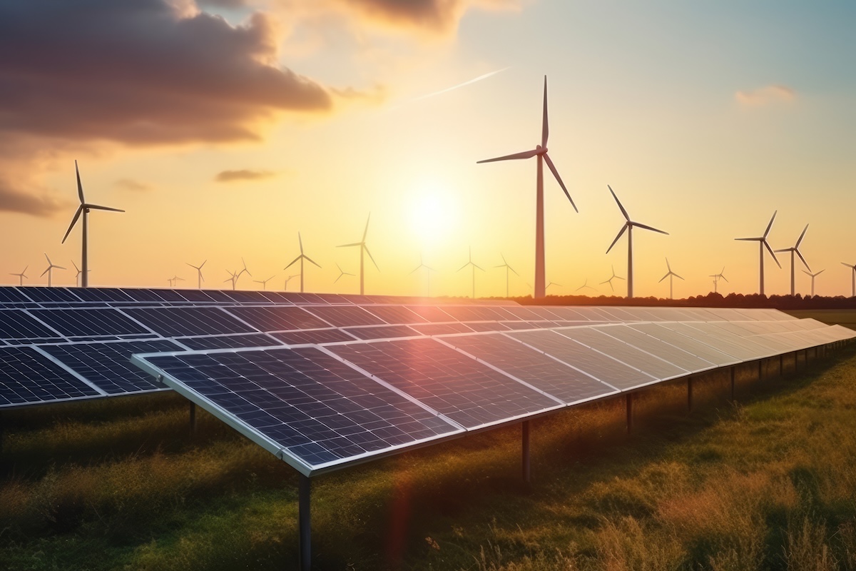 Solar cells and wind turbines generating electricity in power station alternative renewable energy from nature